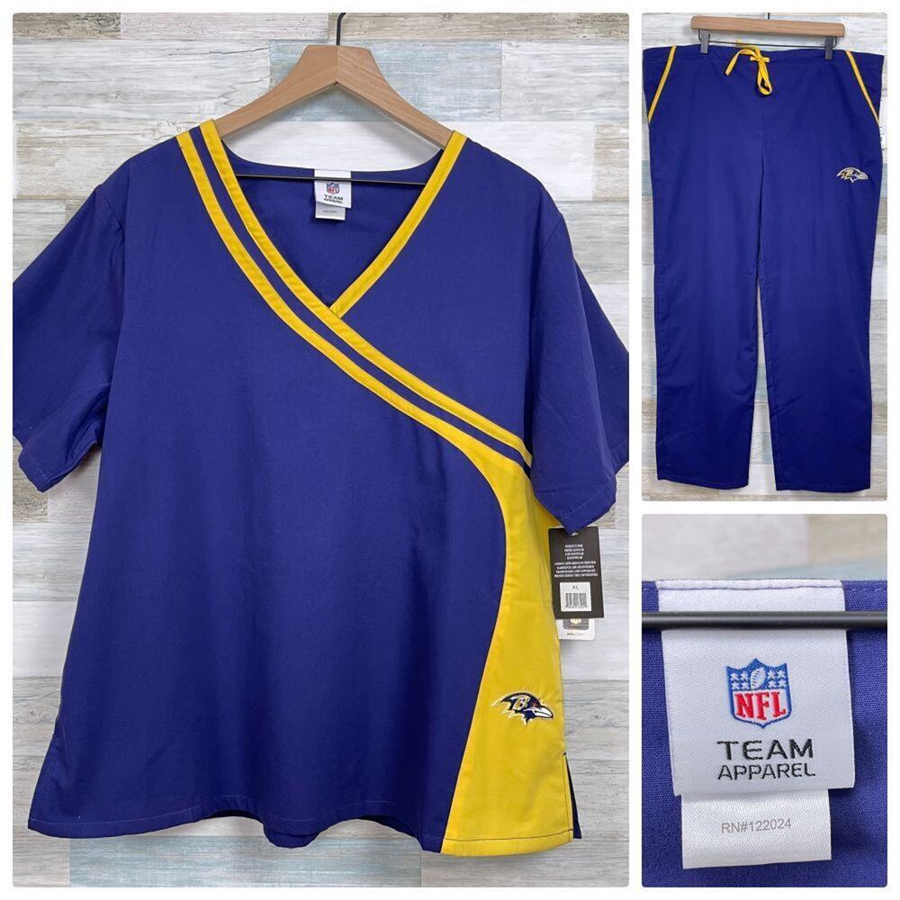 Baltimore Ravens NFL Team Scrub Set Purple Yellow Womens XL Top Large Pants